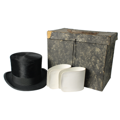 Antique Moleskin Top Hat with Original Storage Case & Detachable Cuffs