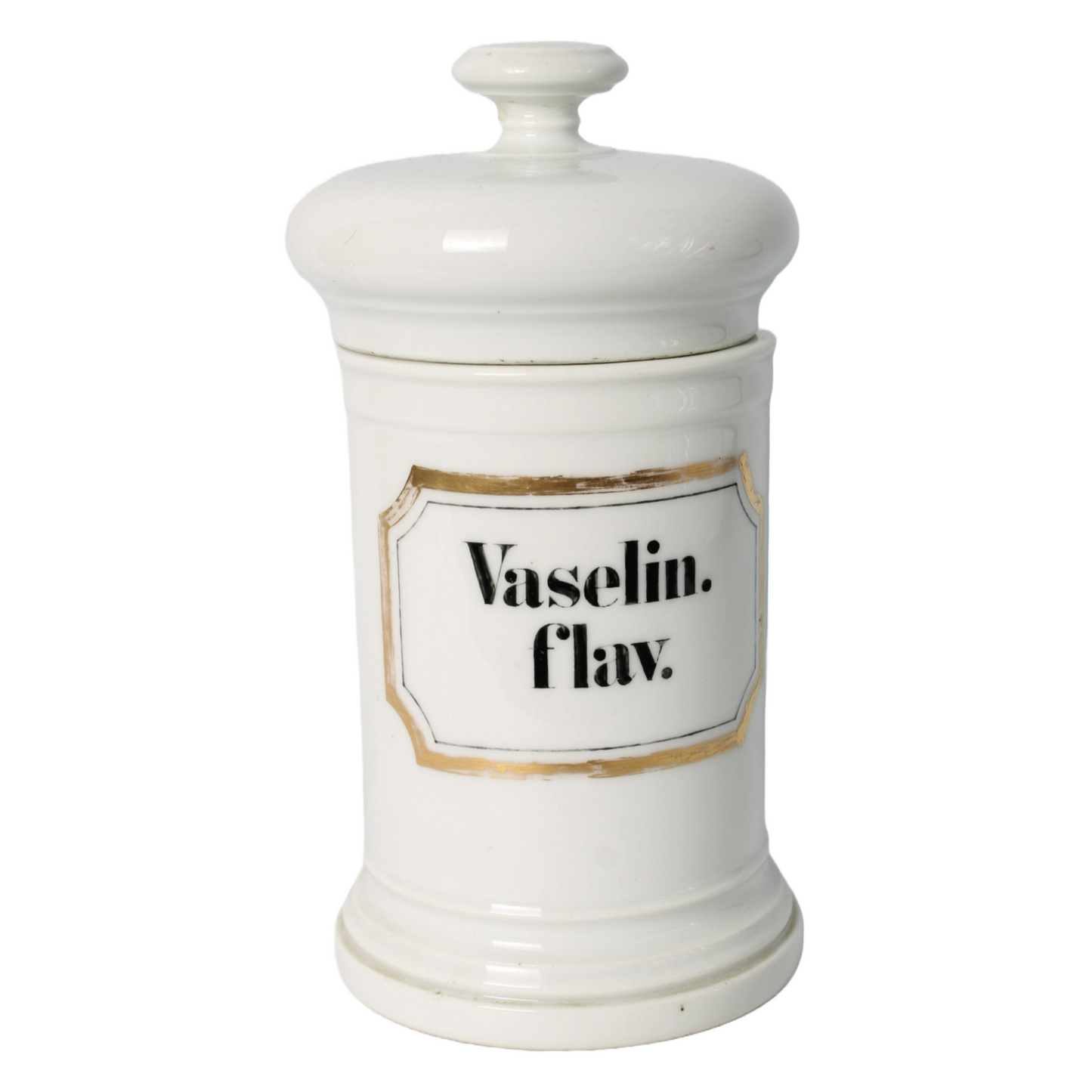 Vintage Apothecary Jar with "Vaselin. flav." Inscription and Gold Detailing