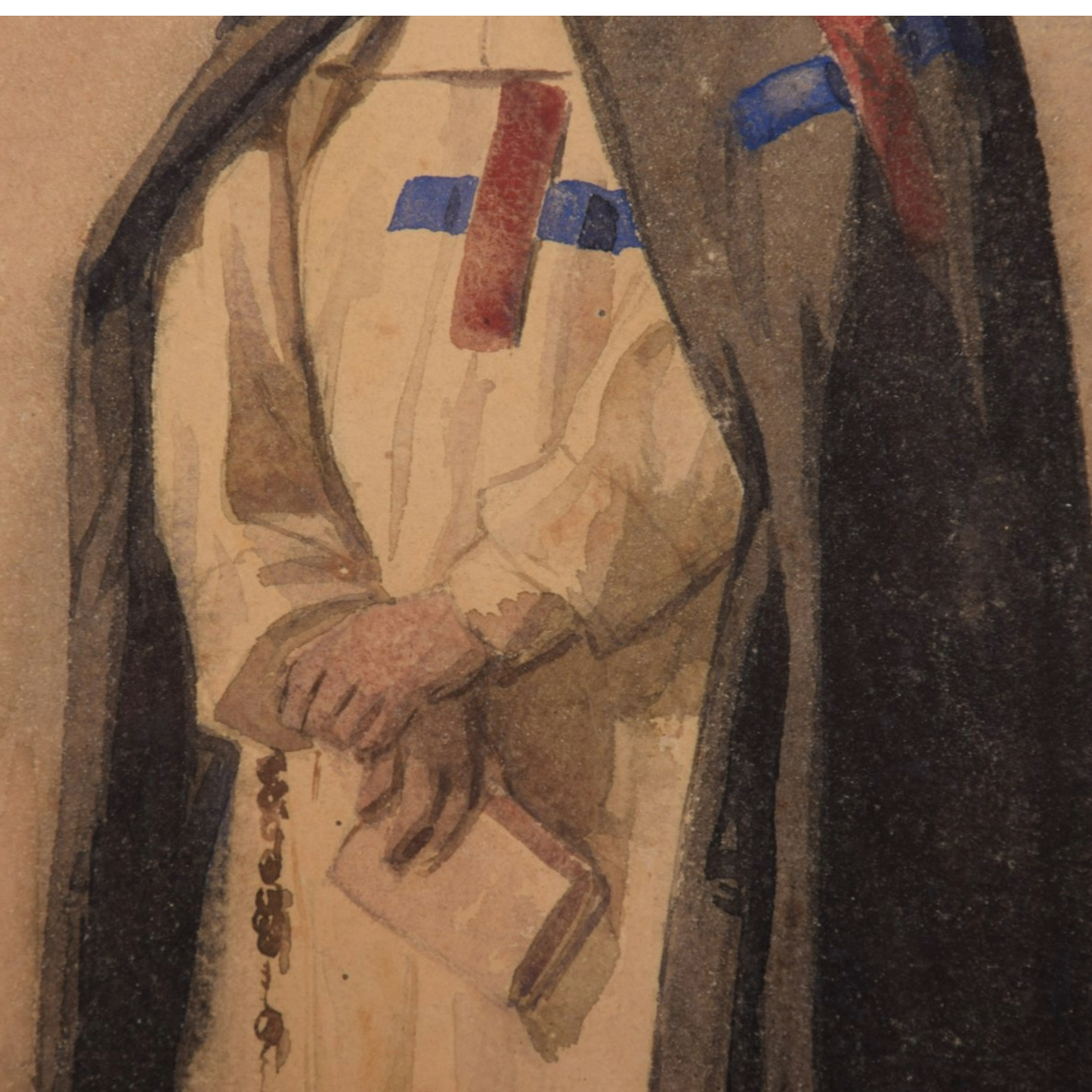 19th Century Watercolor of a Trinitarian Monk with Red-Blue Cross | Framed