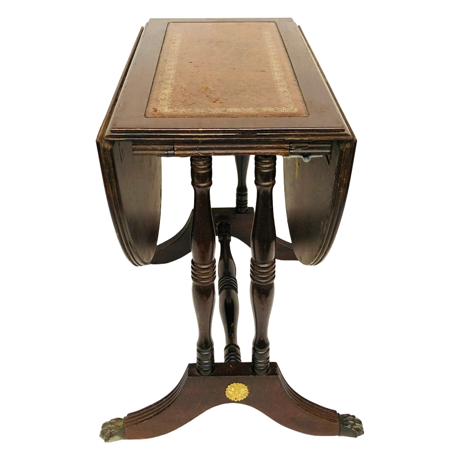 Vintage Mahogany Drop Leaf Table with Leather Top and Brass Claw Feet, 1950s