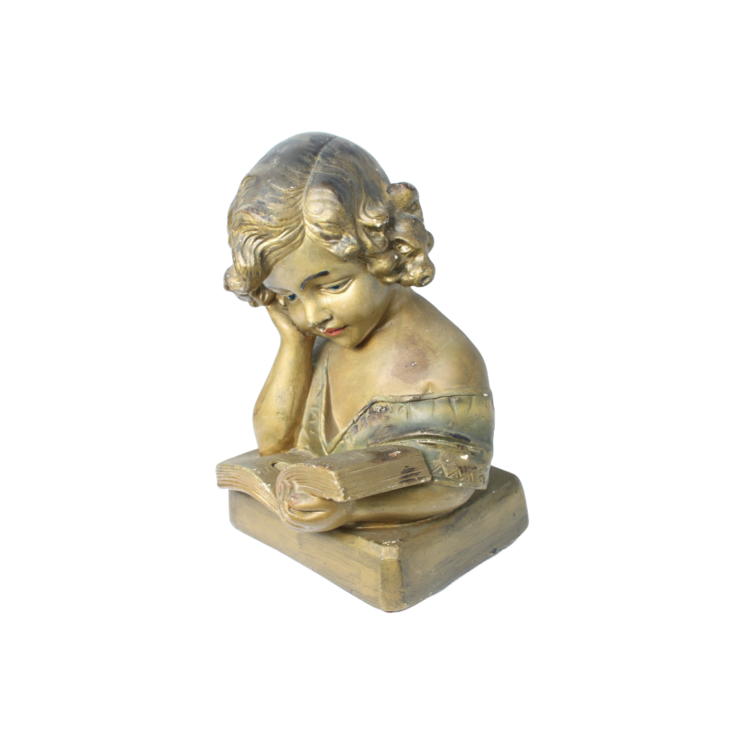 Antique Sculpture of Reading Girl ca. 1920-1940 | Gilded Plaster Composite |