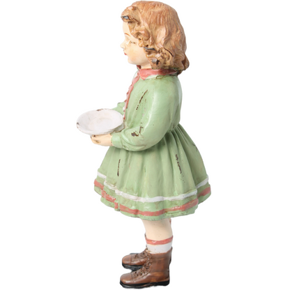 Nostalgic Hand-Painted Brocante Figurine of a Girl in a Green Dress with a Dish