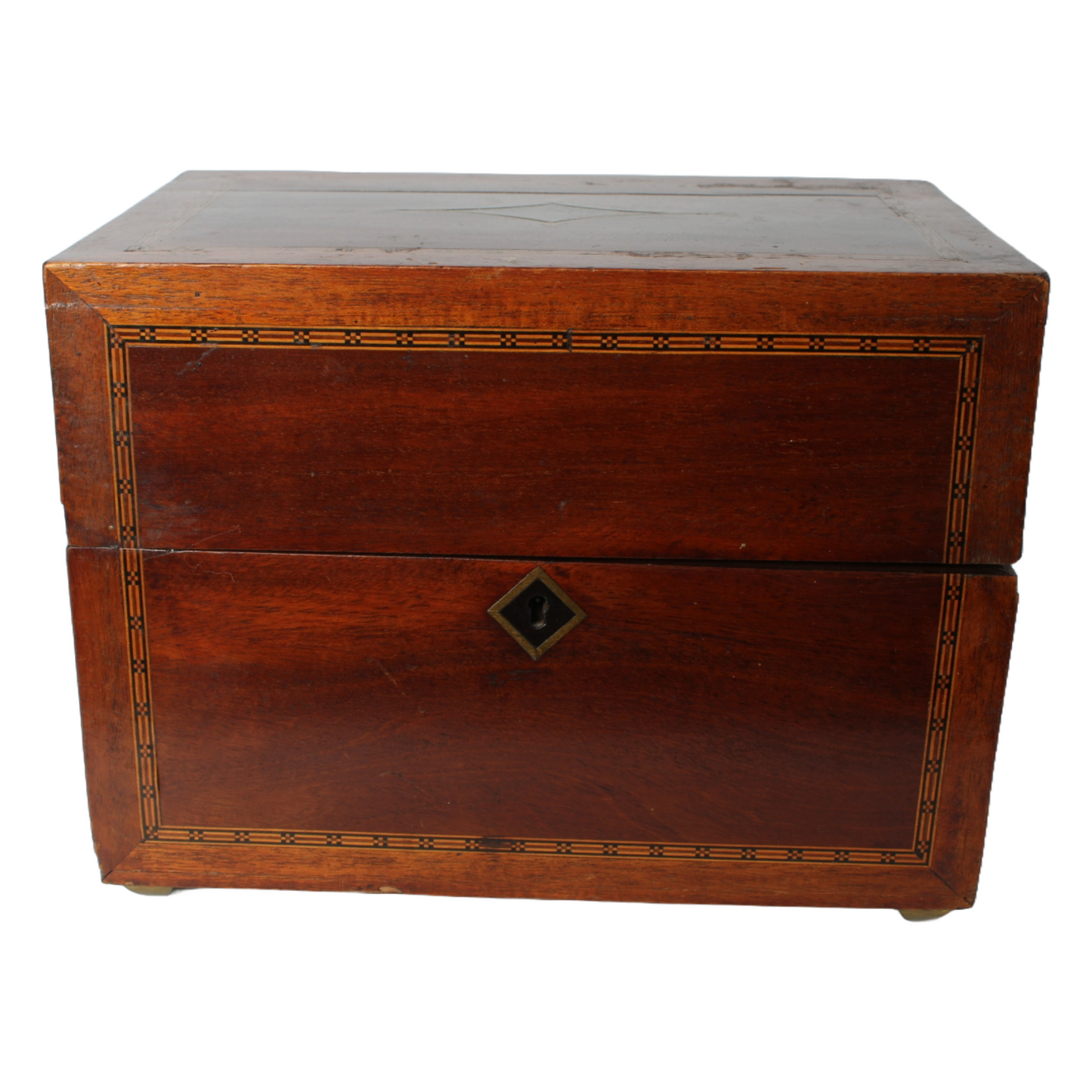Antique mahogany liquor chest with six hand-blown gilded glass decanters