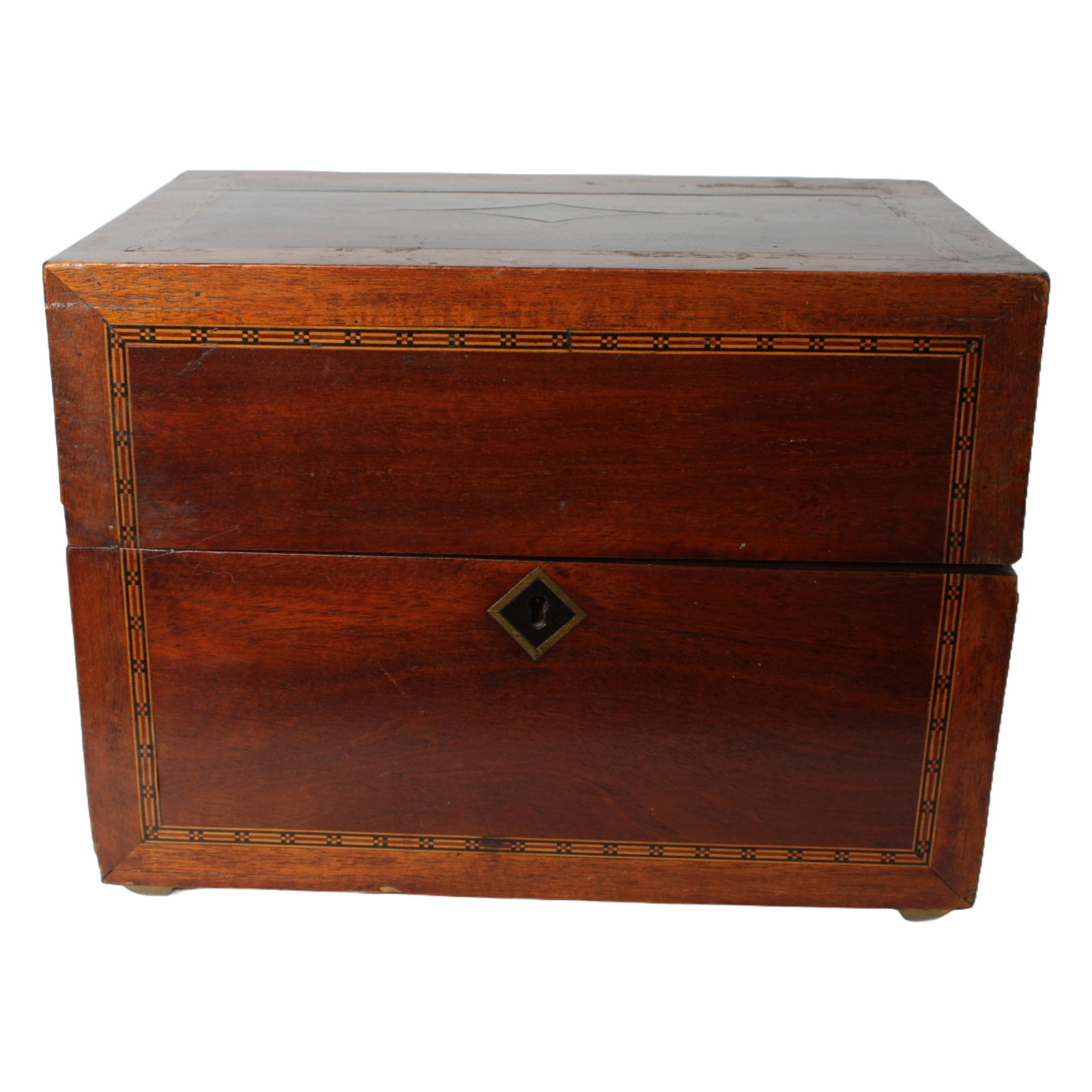 Antique mahogany liquor chest with six hand-blown gilded glass decanters