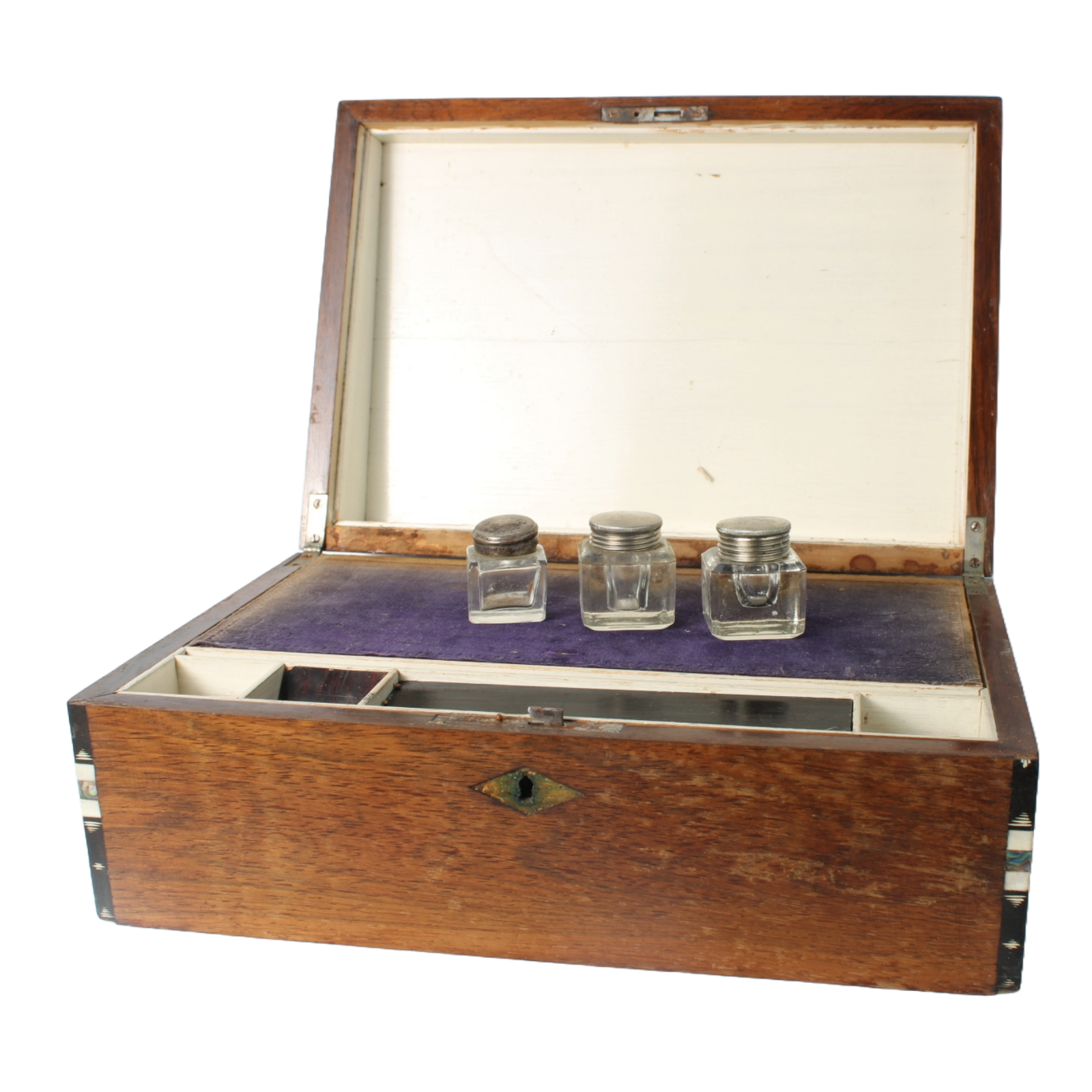 Antique 19th Century Wooden Writing Box with Inlay and Glass Inkwells - Unique C