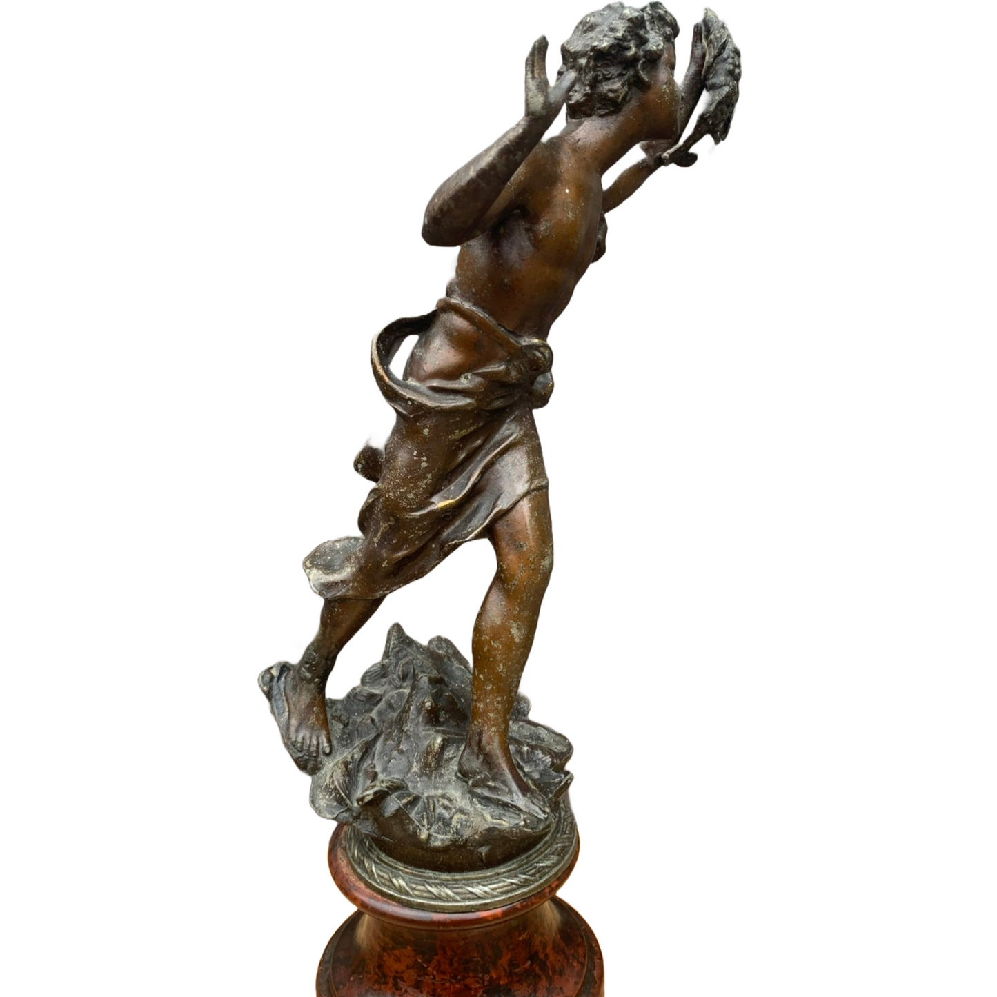 Antique French Bronze Sculpture "La Chasse", Early 1900s, Child with Hunting Bir