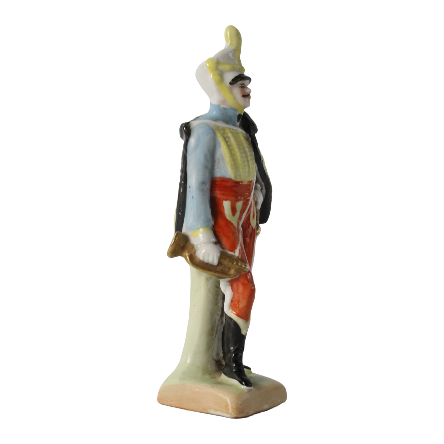 Antique Porcelain Cavalry Trumpeter Figurine in Colorful 19th Century Uniform,
