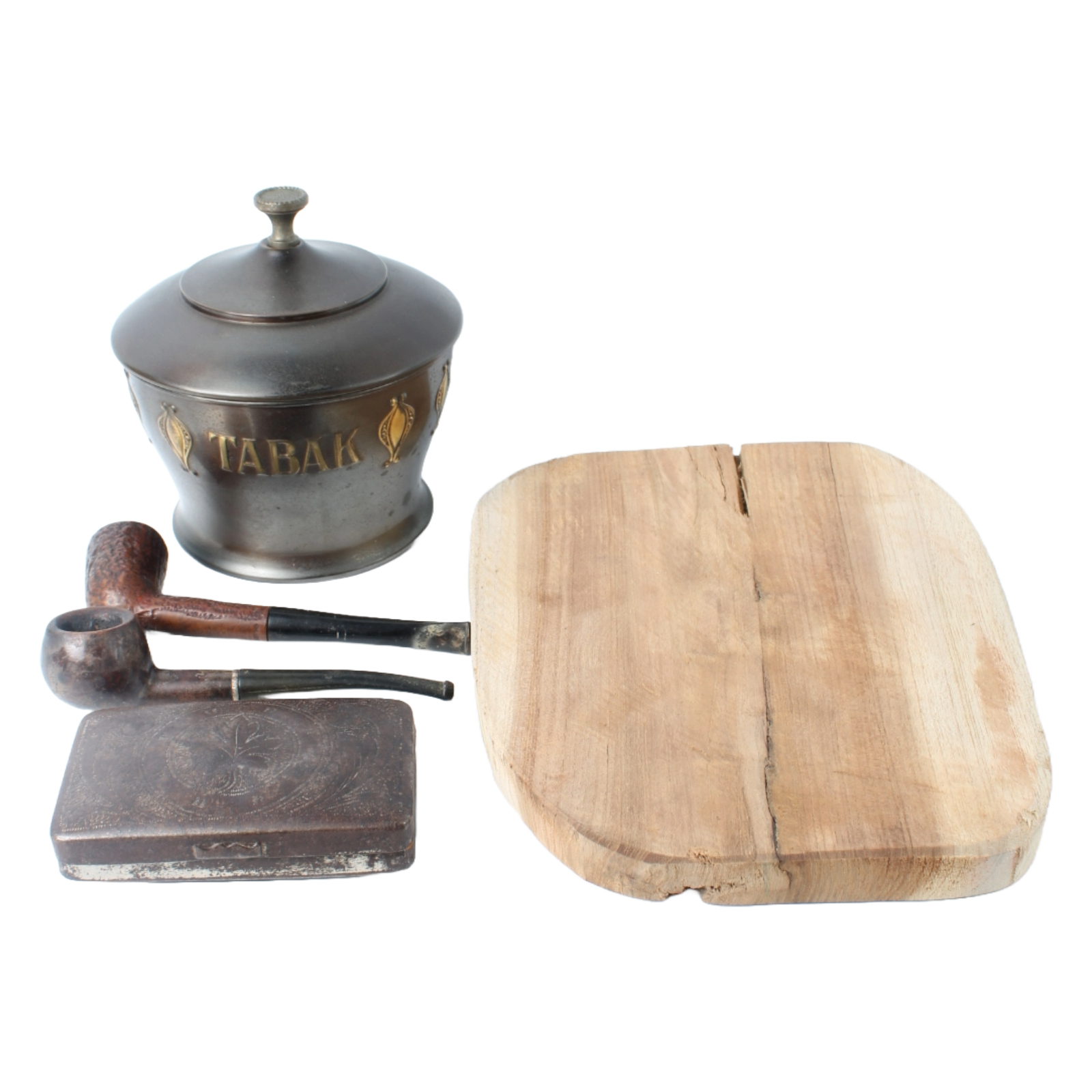 Vintage metal tobacco jar with wooden pipes, tin box and rustic wooden tray