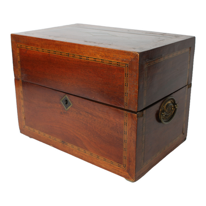 Antique mahogany liquor chest with six hand-blown gilded glass decanters