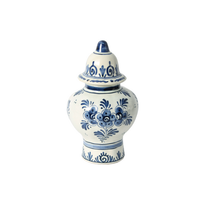 Hand-Painted Delft Blue Ceramic Vase with Lid, Floral Design, Dutch Vintage,
