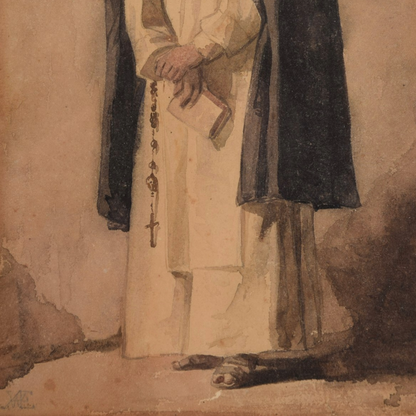 19th Century Watercolor of a Trinitarian Monk with Red-Blue Cross | Framed