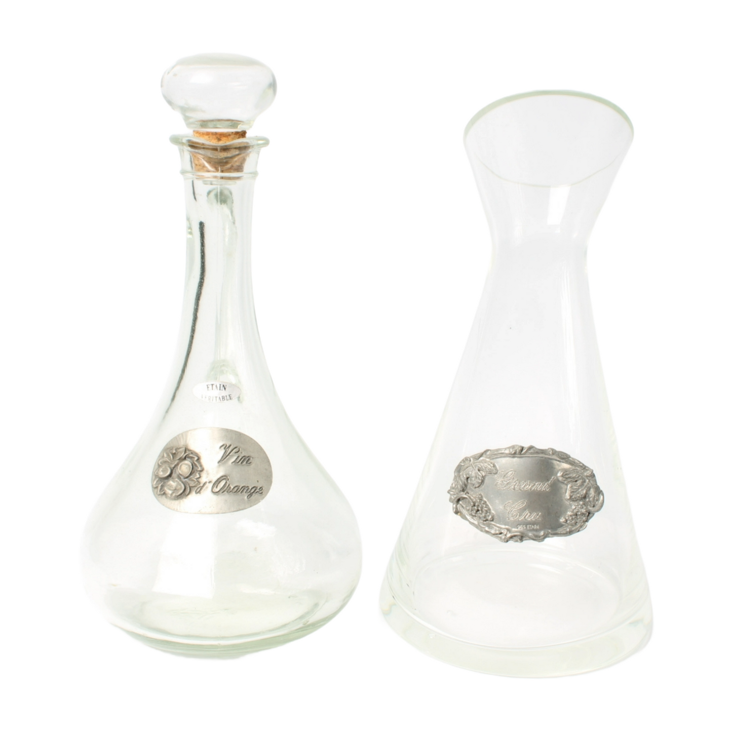 Set of Two Elegant French Carafes – Glass and Pewter – 30 cm and 28.5 cm