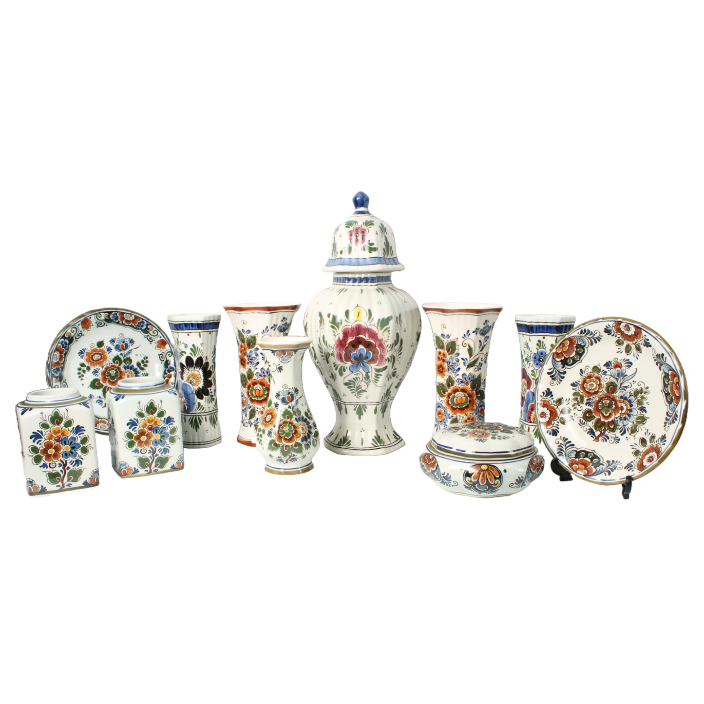 Traditional 11-Piece Hand-Painted Polychrome Delft Pottery Set - Vases, Plates,