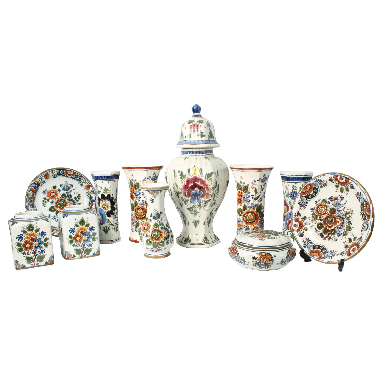 Traditional 11-Piece Hand-Painted Polychrome Delft Pottery Set - Vases, Plates,