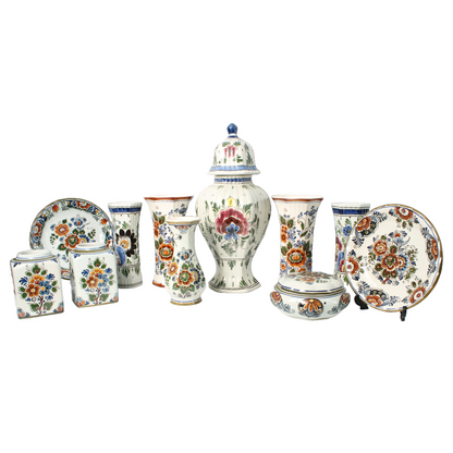 Traditional 11-Piece Hand-Painted Polychrome Delft Pottery Set - Vases, Plates,