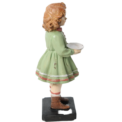 Nostalgic Hand-Painted Brocante Figurine of a Girl in a Green Dress with a Dish