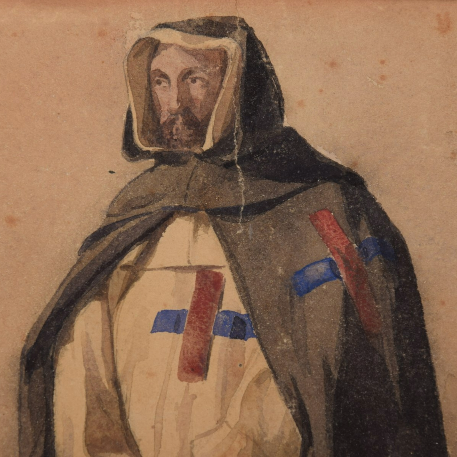 19th Century Watercolor of a Trinitarian Monk with Red-Blue Cross | Framed