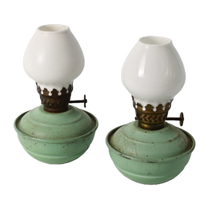 Vintage English Oil Lamp Set – Green Metal Kerosene Lamps with Brass Burner