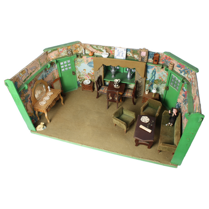 Antique Green Dollhouse Room ca. 1935–1950 | Detailed Miniature Living Room