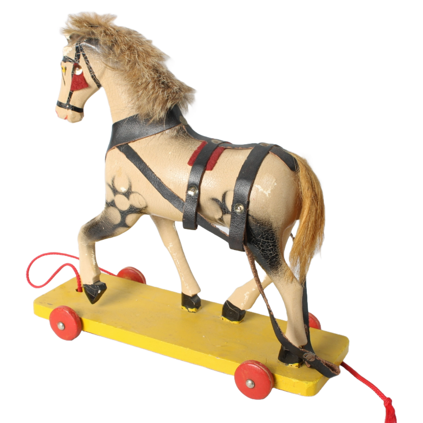 Vintage Handcrafted Wooden Horse Pull Toy on Wheels, 1940s-1950s, Antique