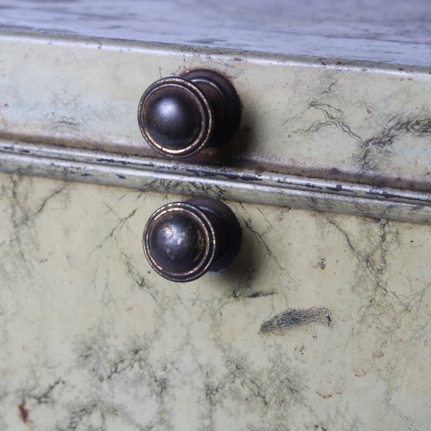 Antique Faux-Marble Metal Storage Chest with Knobs – Industrial Tin Box