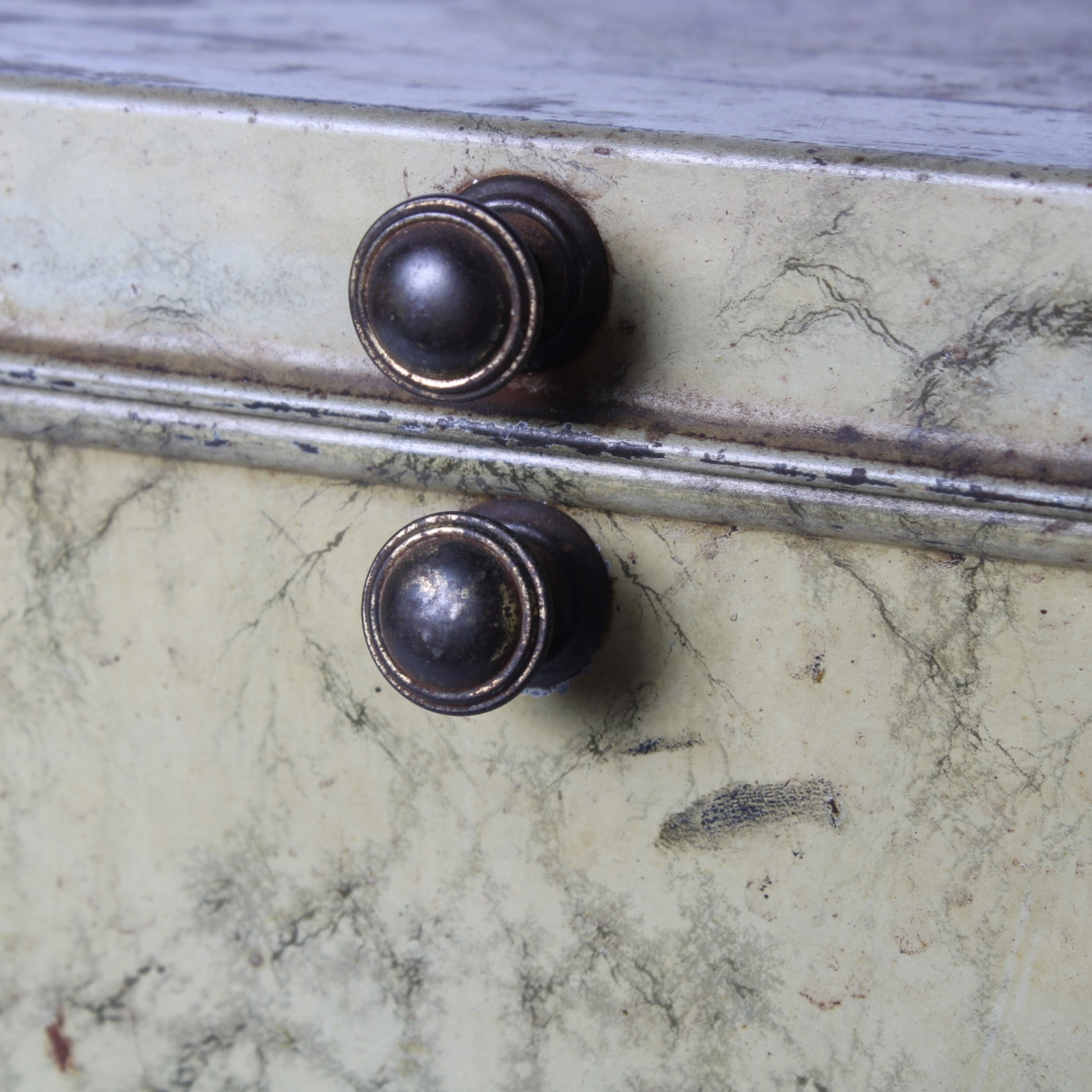 Antique Faux-Marble Metal Storage Chest with Knobs – Industrial Tin Box