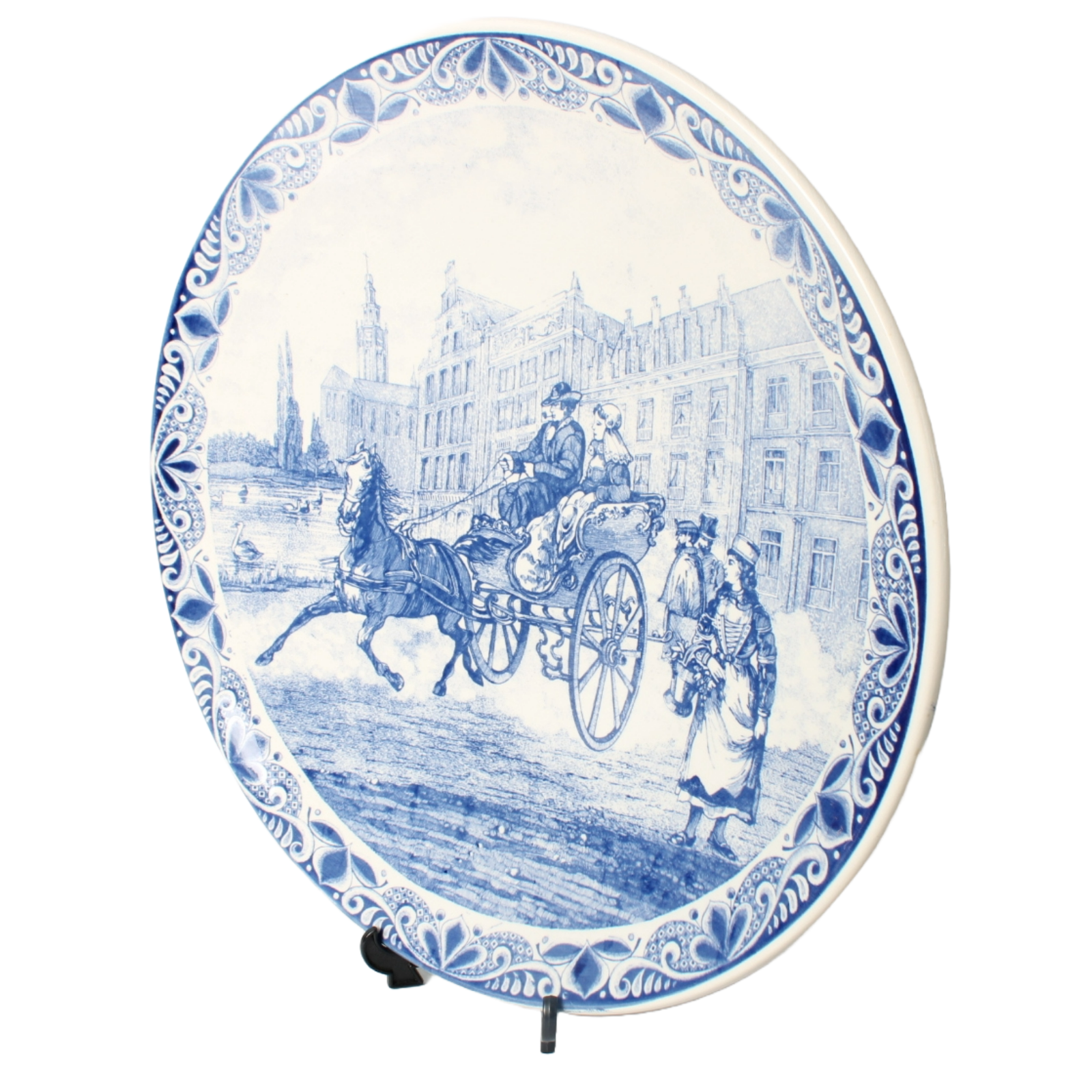 Large Hand-Painted Chemkefa Delft Blue Wall Plate - Horse & Carriage Scene, 38cm