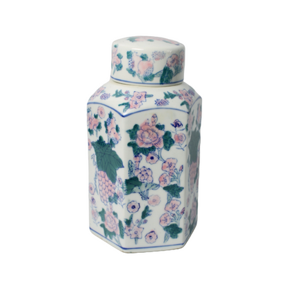 Vintage Chinese Porcelain Tea Caddy | Hand-Painted Floral and Grape Design |