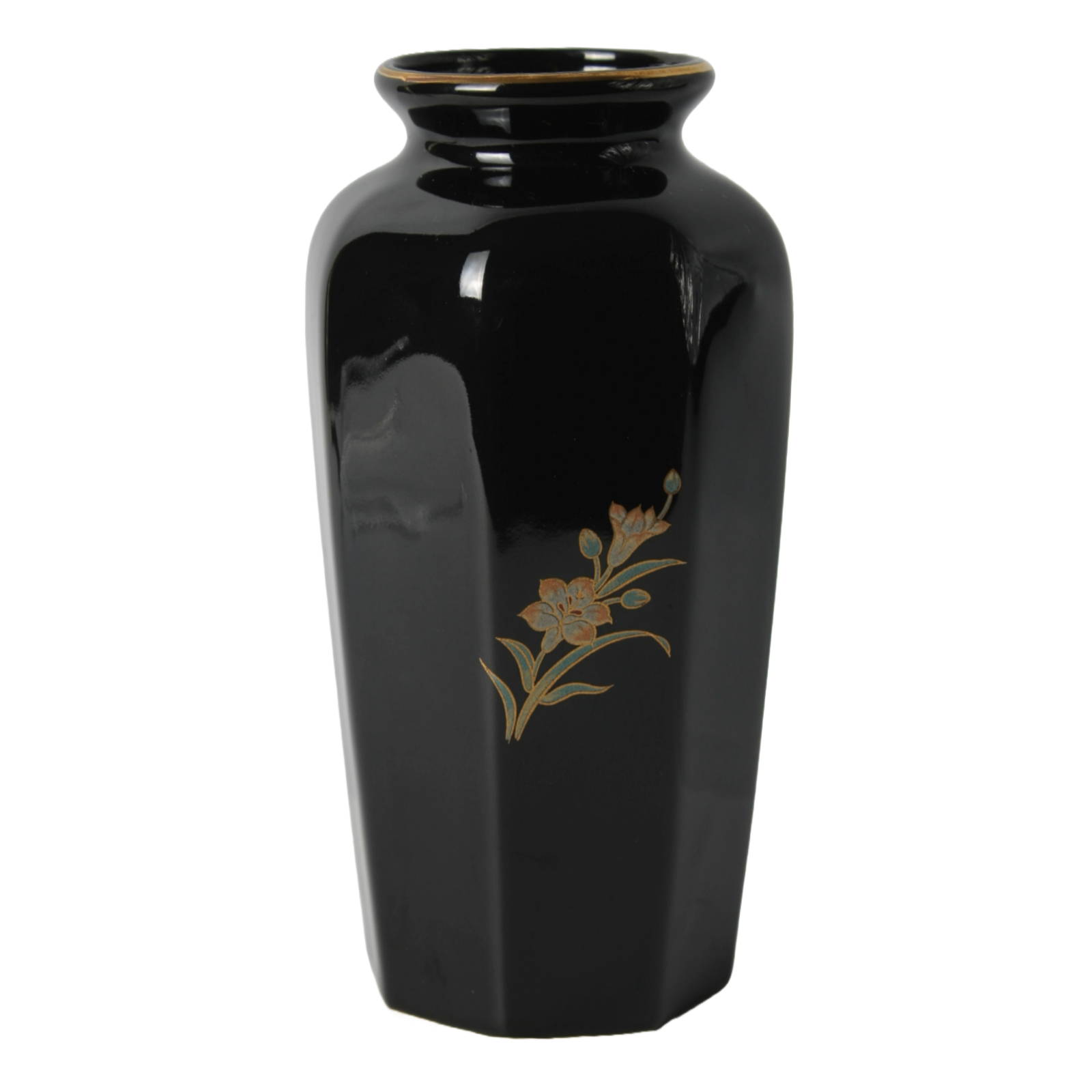 Vintage Hand-Painted Japanese Ceramic Vase with Iris Motif, Black and Gold, 1950