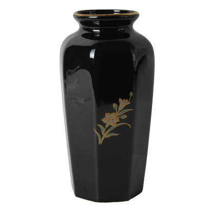 Vintage Hand-Painted Japanese Ceramic Vase with Iris Motif, Black and Gold, 1950