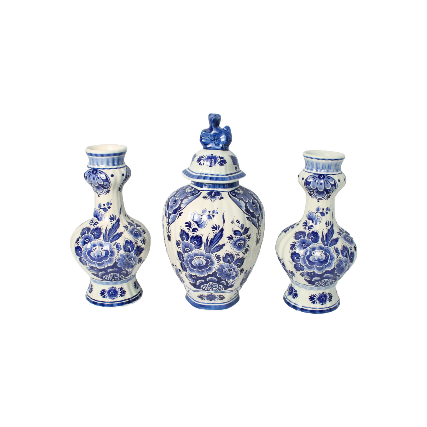 Hand-Painted Delft Blue Vase Set by Flora/Royal Goedewaagen, Mid-20th Century,