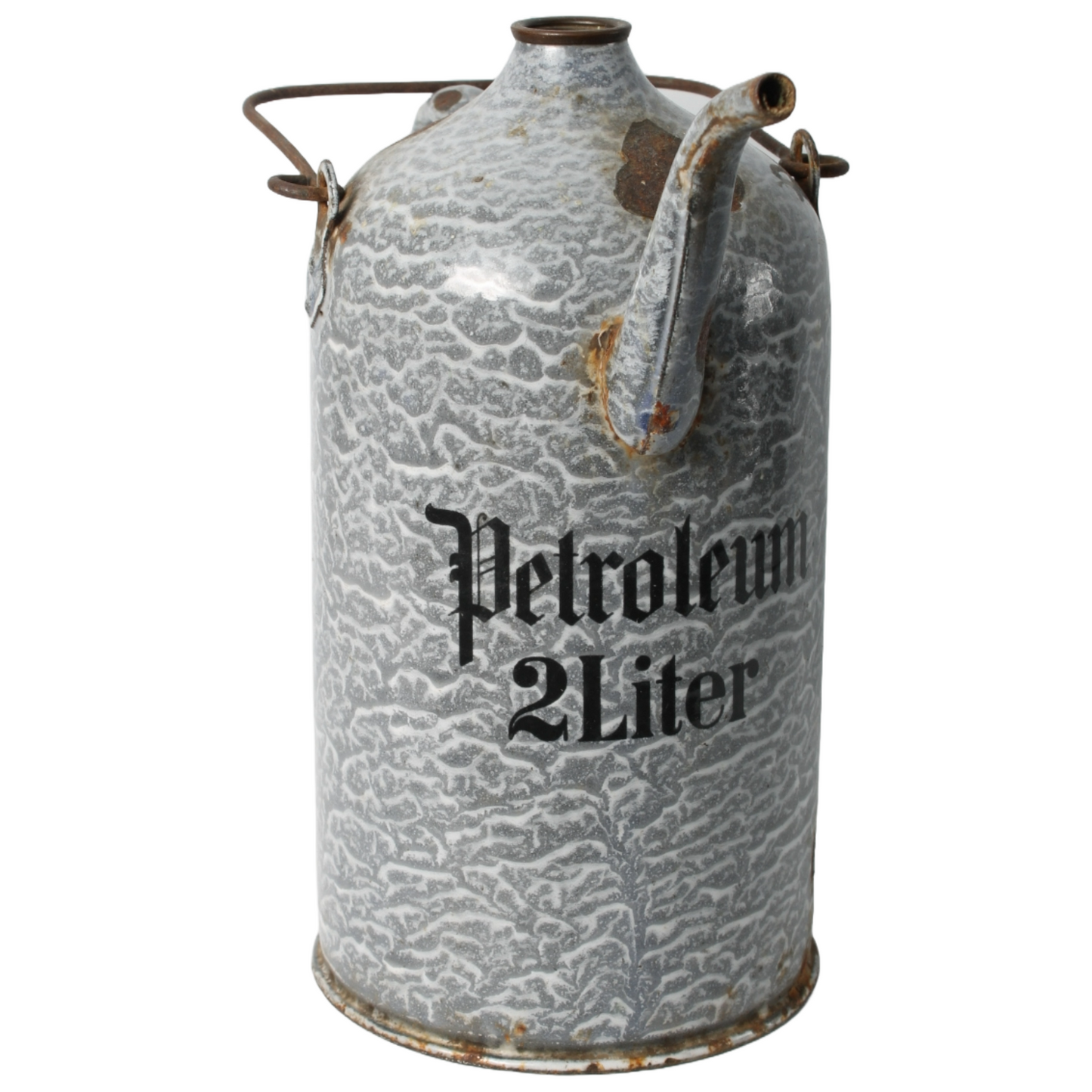 Vintage Enamel Petroleum Can 2 Liter, Gray Marbled Design, Early 20th Century
