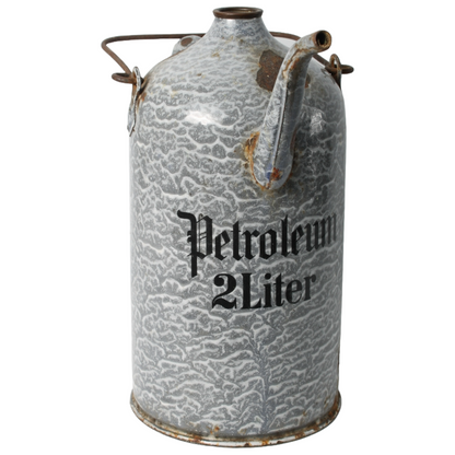 Vintage Enamel Petroleum Can 2 Liter, Gray Marbled Design, Early 20th Century