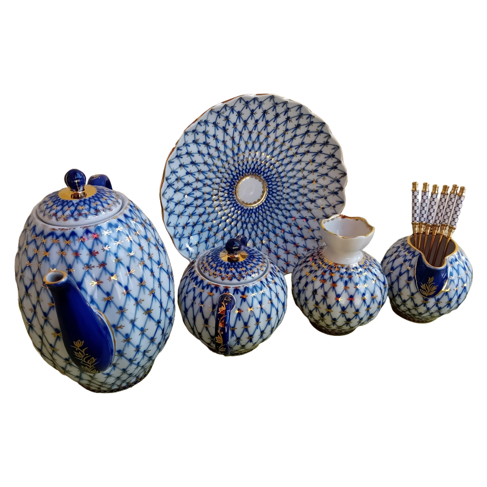 Luxury 23-Piece Vintage Lomonosov Cobalt Net Coffee Set with Gold Accents