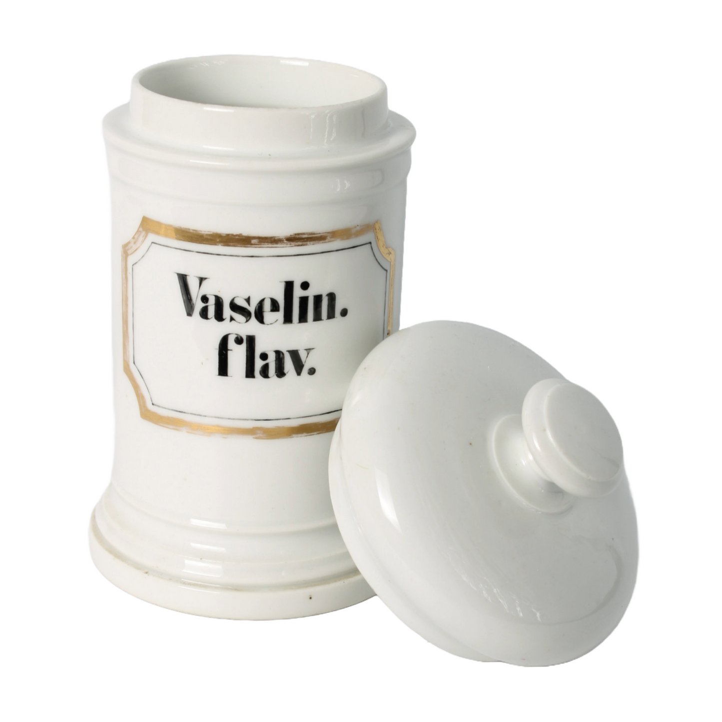 Vintage Apothecary Jar with "Vaselin. flav." Inscription and Gold Detailing