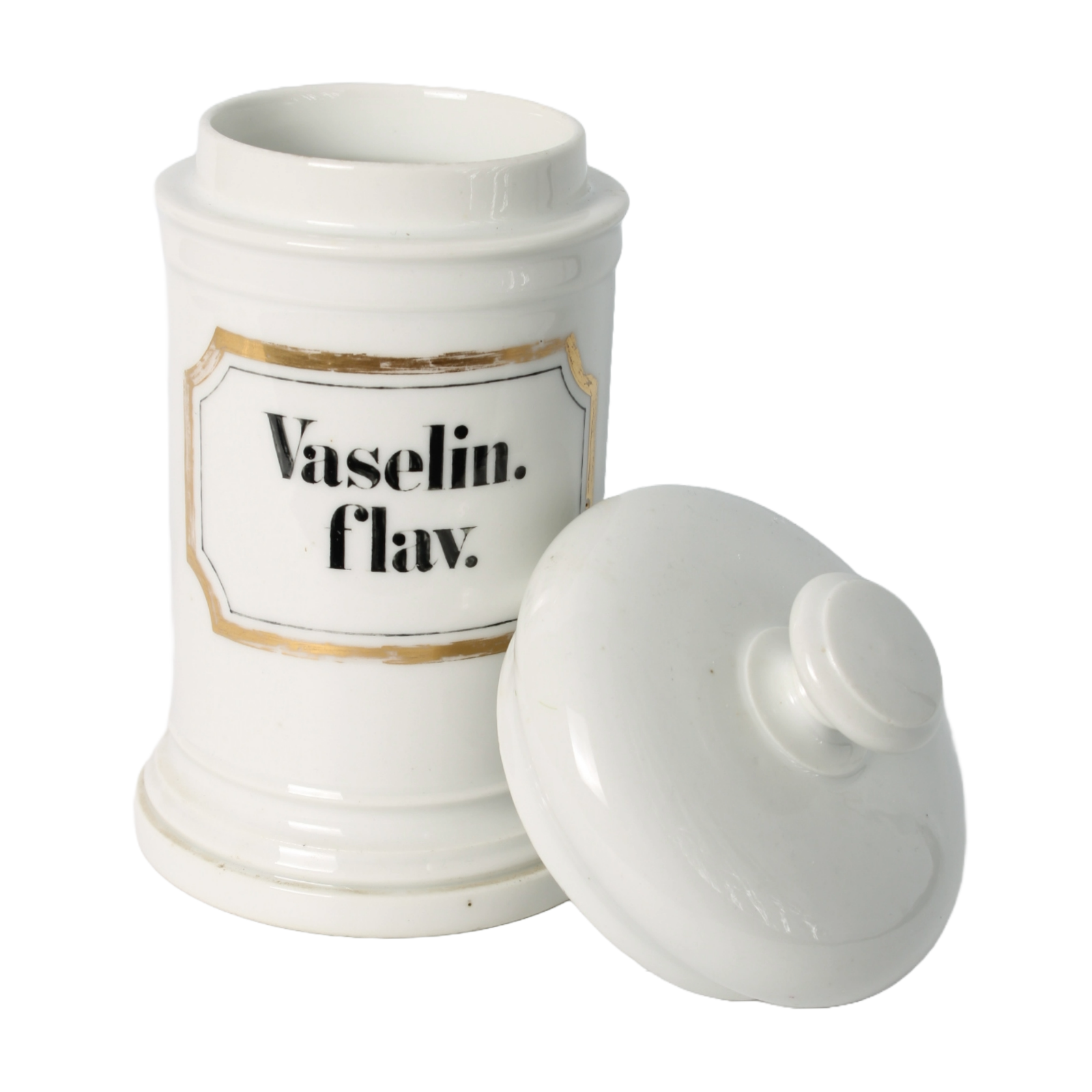 Vintage Apothecary Jar with "Vaselin. flav." Inscription and Gold Detailing