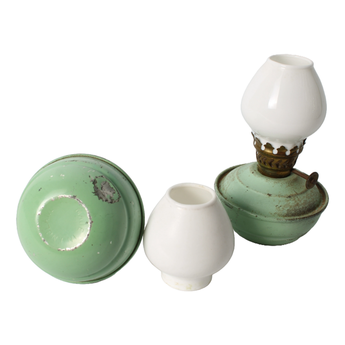 Vintage English Oil Lamp Set – Green Metal Kerosene Lamps with Brass Burner
