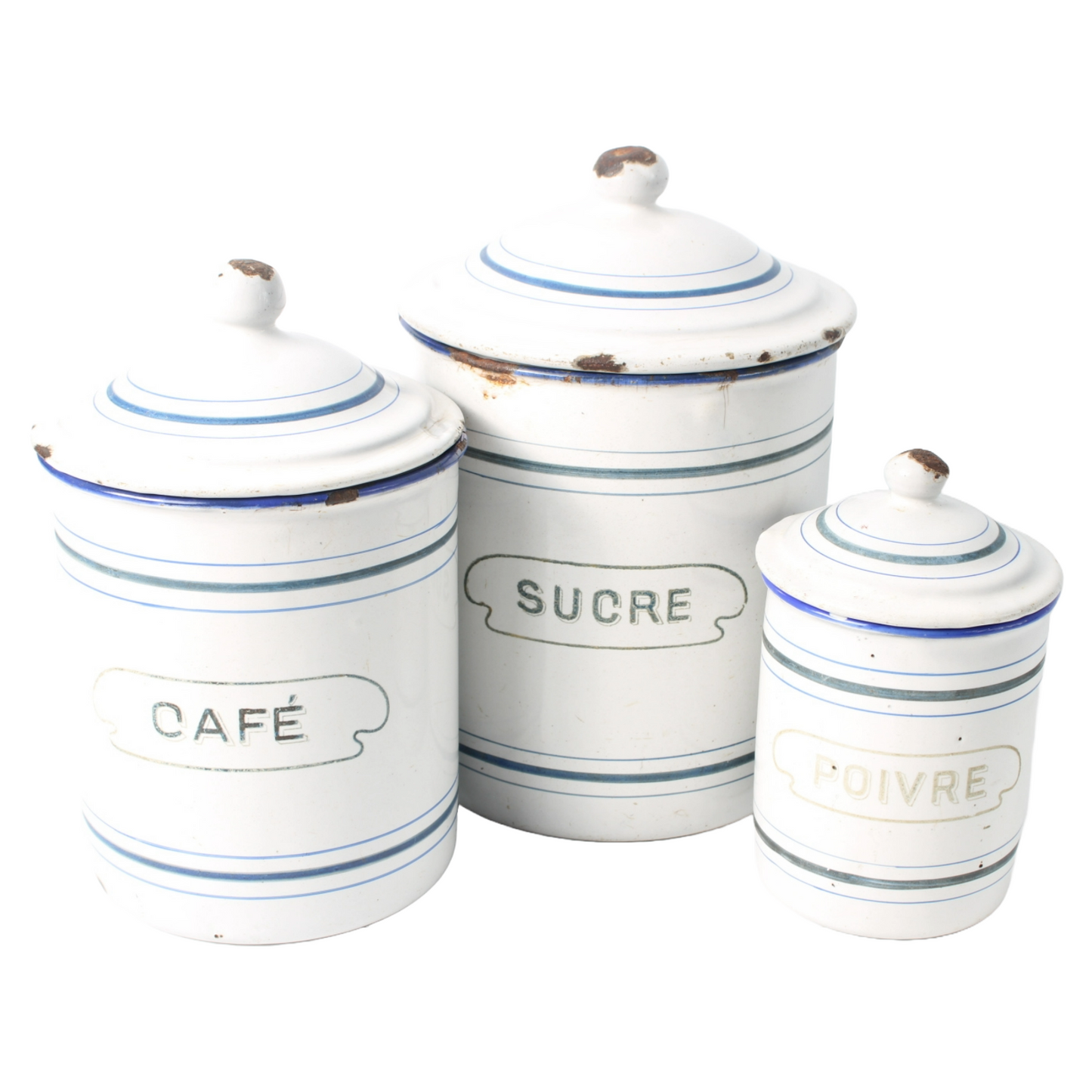 Set of Three Antique Enamel Canisters – "Sucre", "Café", and "Poivre"