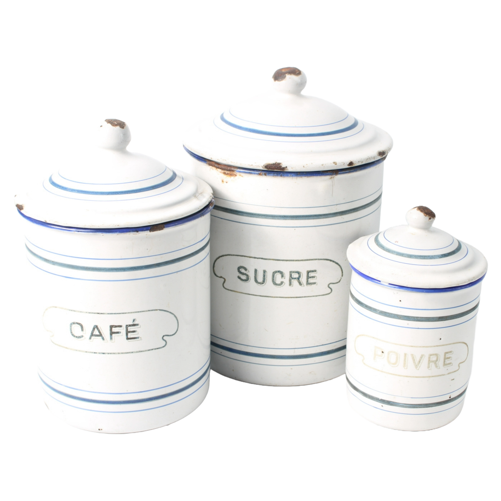 Set of Three Antique Enamel Canisters – "Sucre", "Café", and "Poivre"