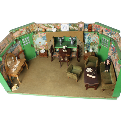 Antique Green Dollhouse Room ca. 1935–1950 | Detailed Miniature Living Room