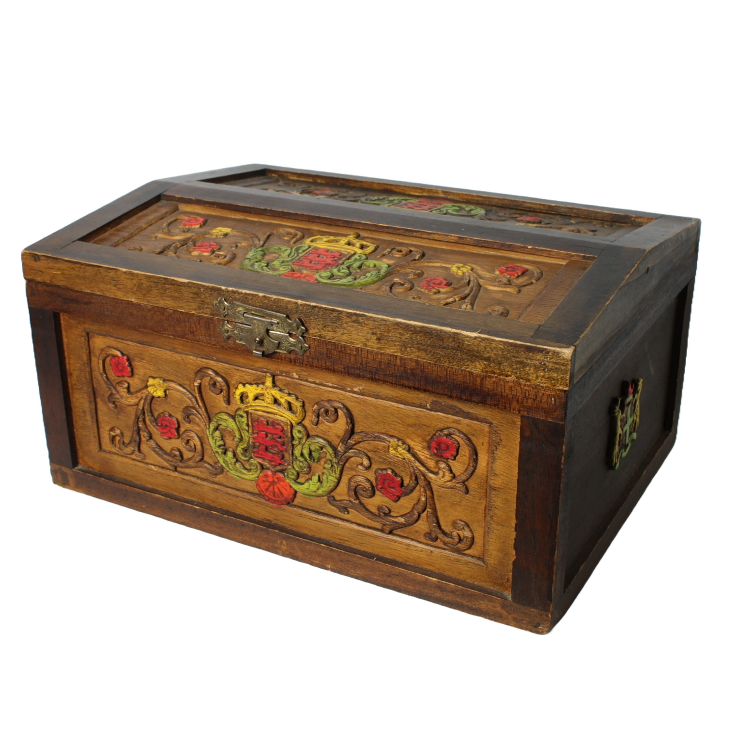 Unique Antique Wooden Chest with Colorful Coat of Arms | Hand-Carved & Painted |