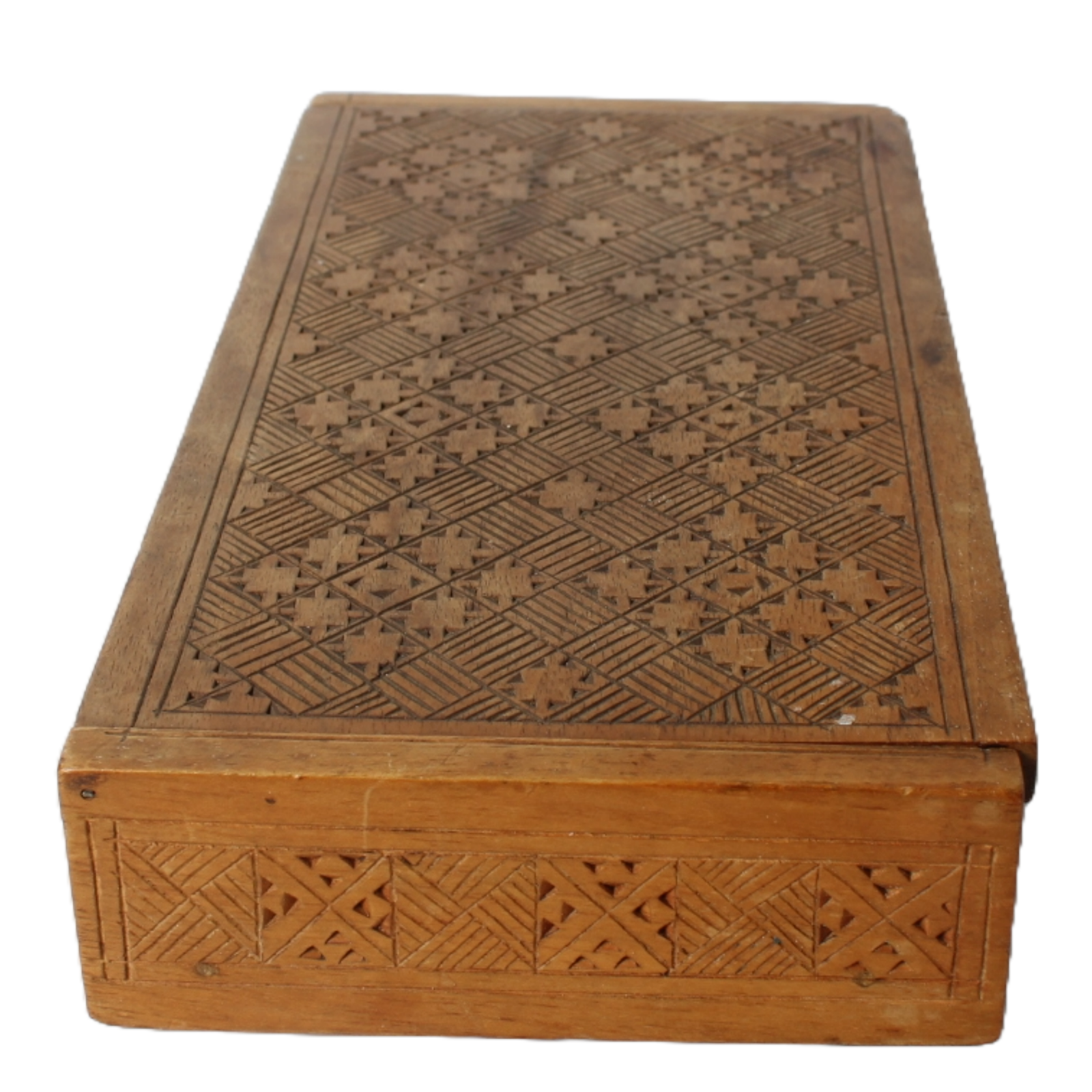 Antique Wooden Storage Box – Hand-Carved Geometric Design – Decorative and Funct