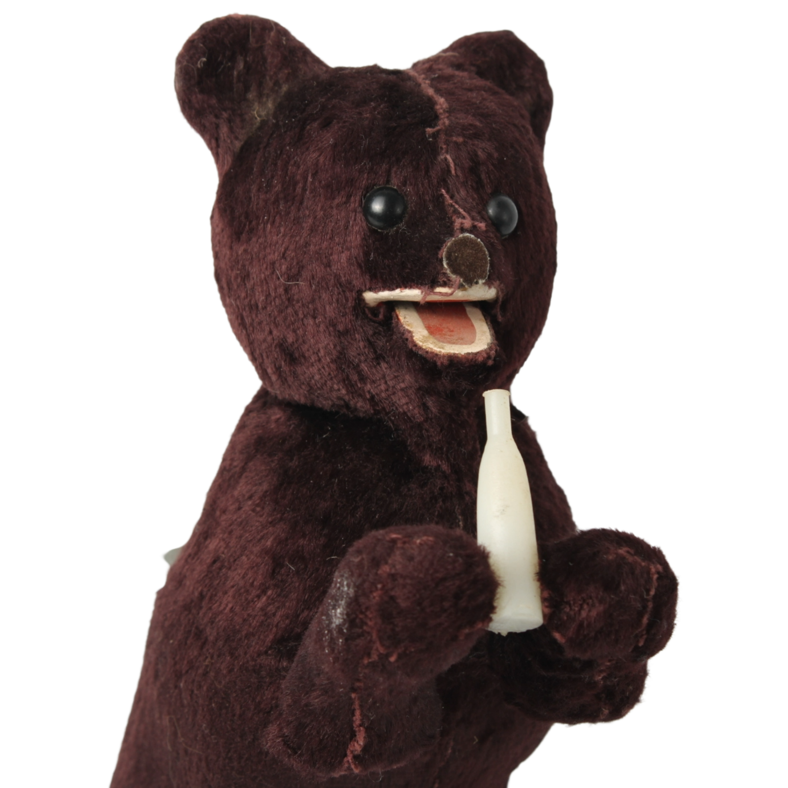 Mechanical Wind-Up Bear with Bottle c. 1930–1960 | Dark Brown Plush Toy Bear