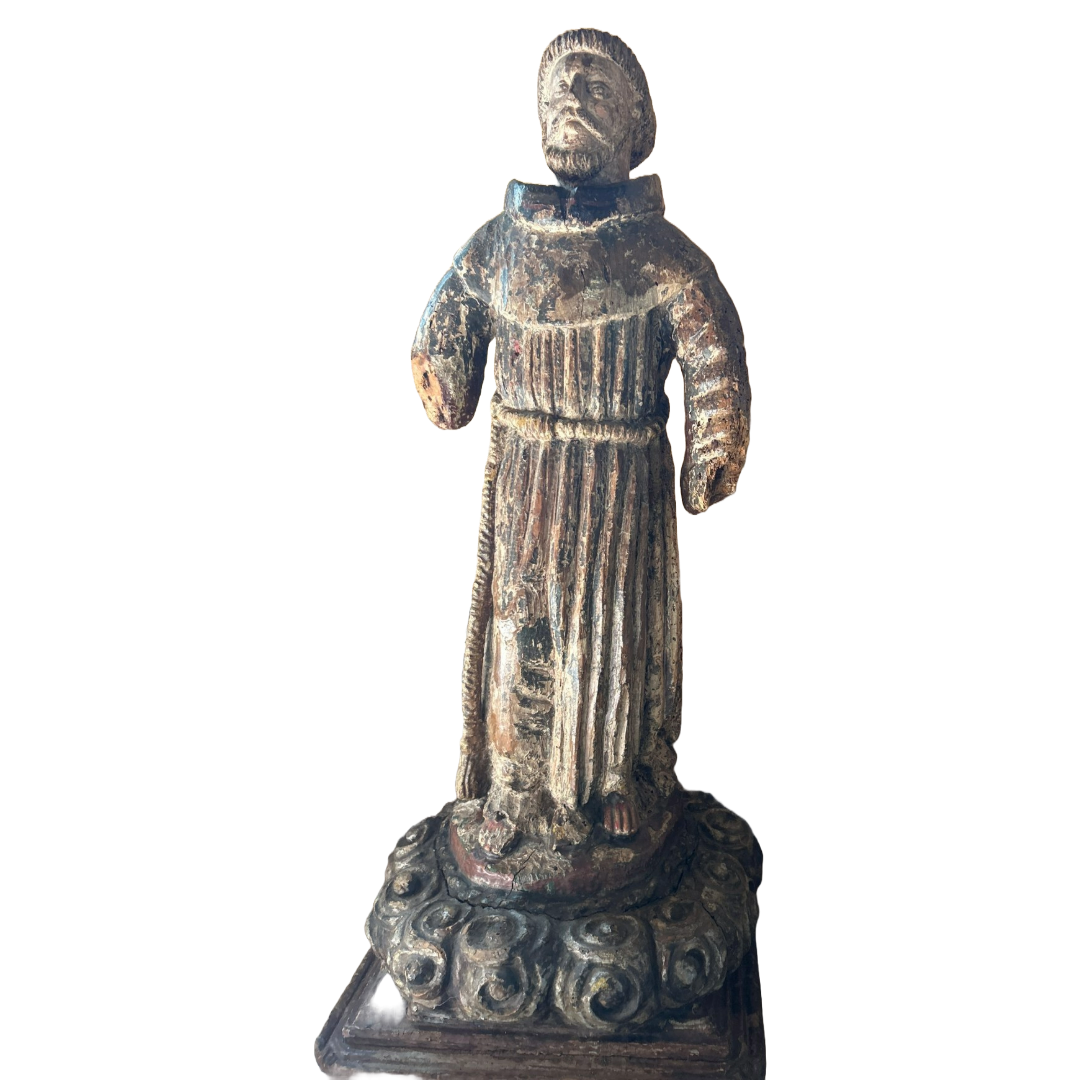 Rare 17th Century Spanish Colonial Wooden Statue of Saint Francis of Assisi