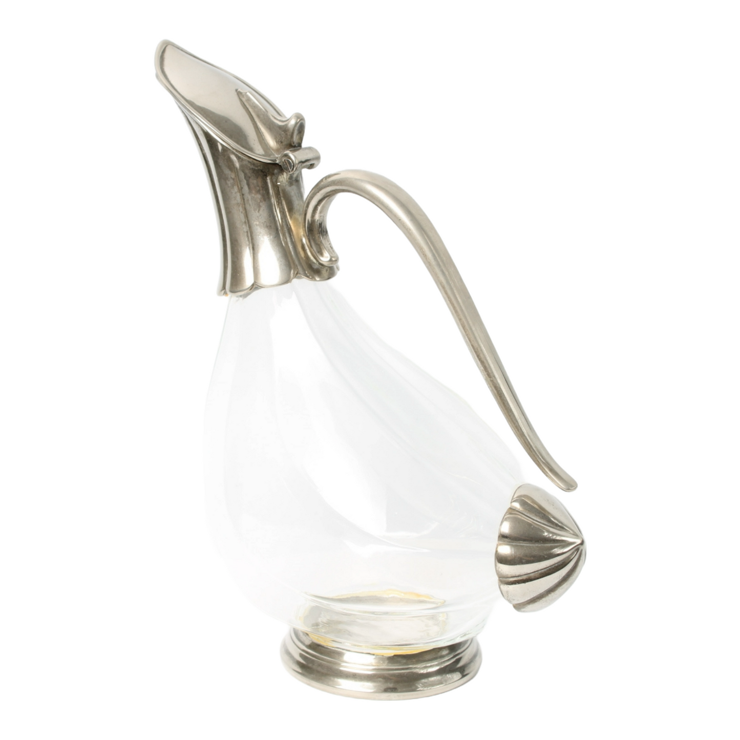 Elegant French Glass Carafe with Silver-Plated Details – 25 cm Long, 20 cm Tall