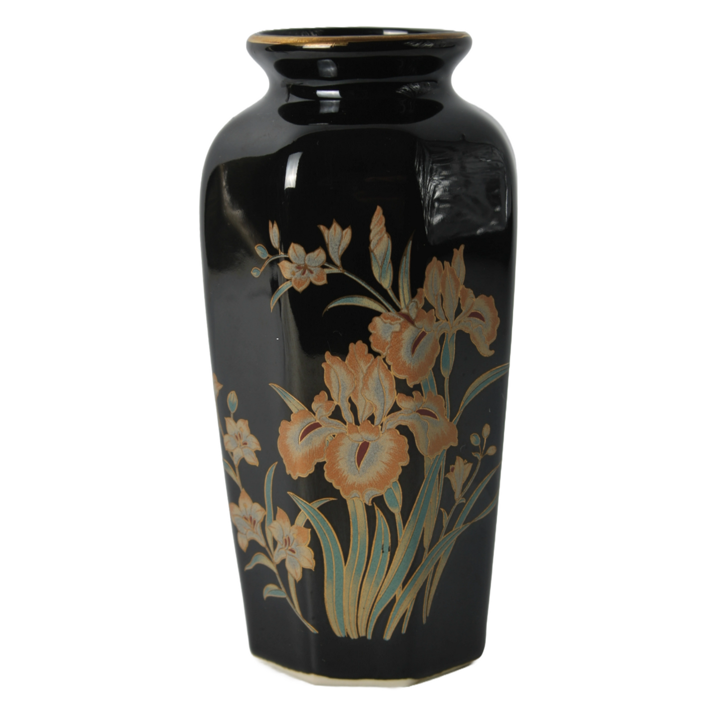 Vintage Hand-Painted Japanese Ceramic Vase with Iris Motif, Black and Gold, 1950