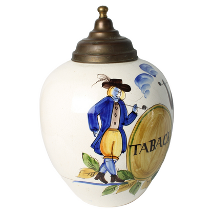 Hand-Painted Ceramic Tobacco Jar with Colonial Imagery and Brass Lid | "TABACK"