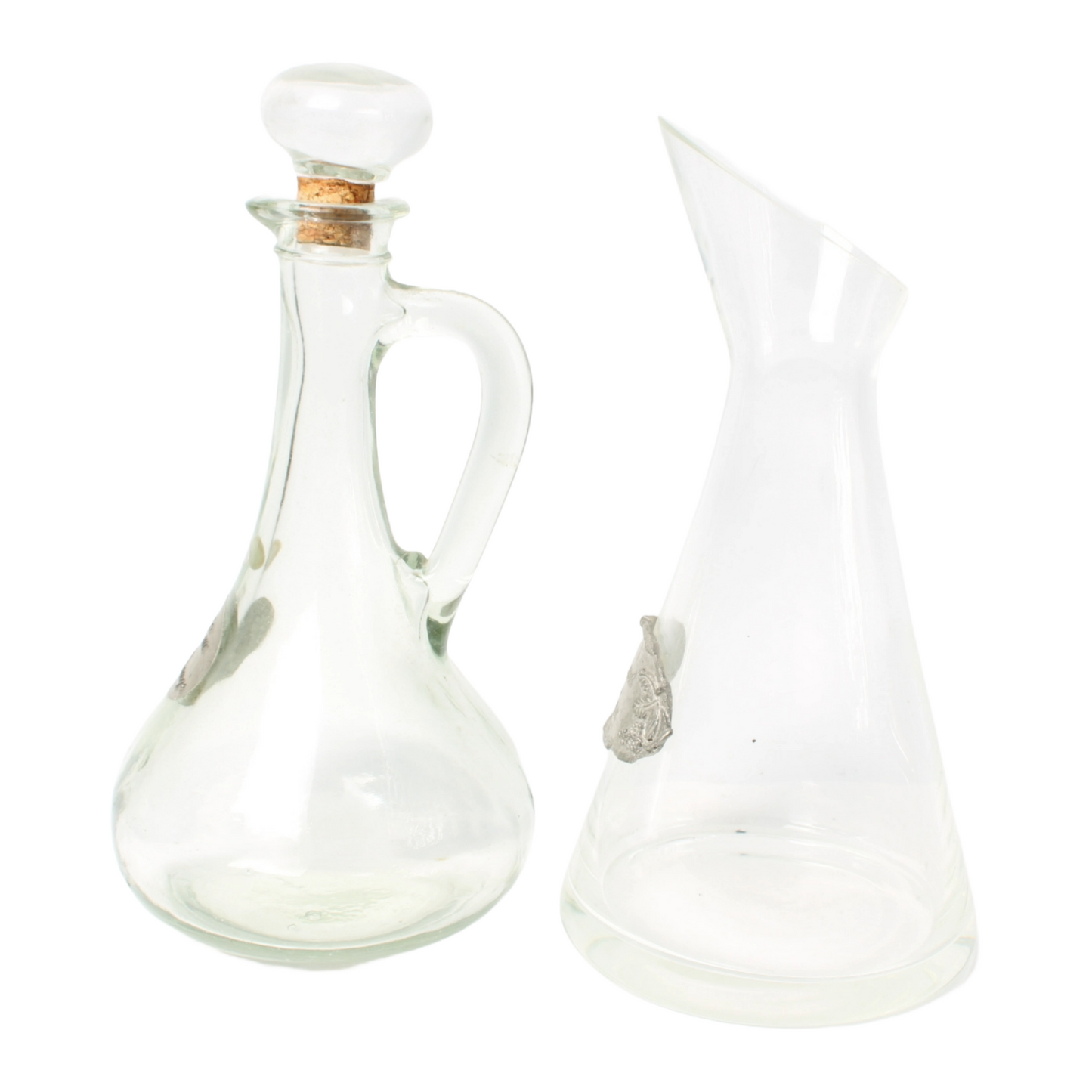 Set of Two Elegant French Carafes – Glass and Pewter – 30 cm and 28.5 cm