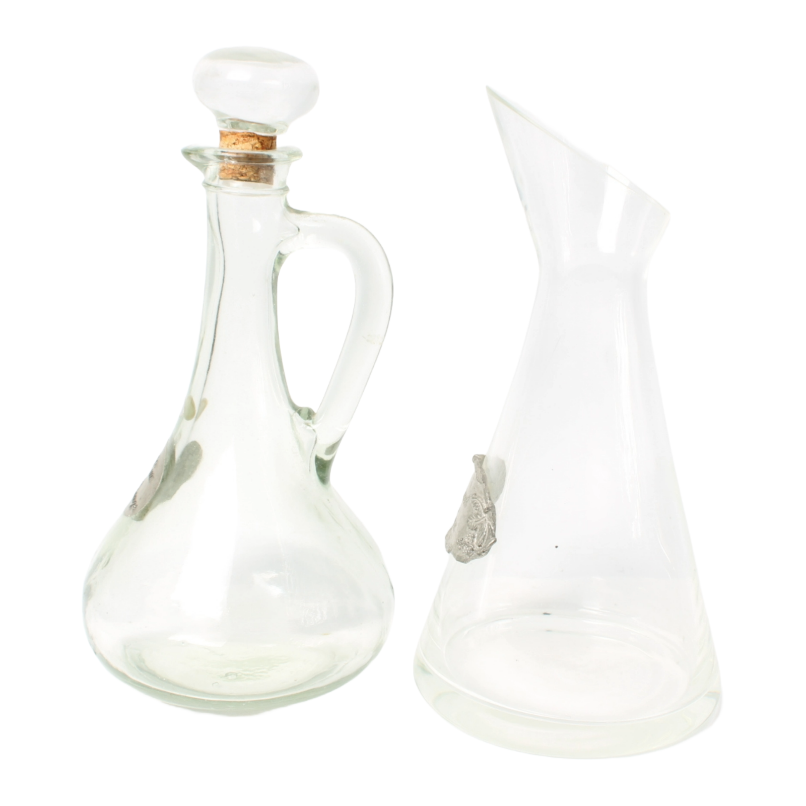 Set of Two Elegant French Carafes – Glass and Pewter – 30 cm and 28.5 cm