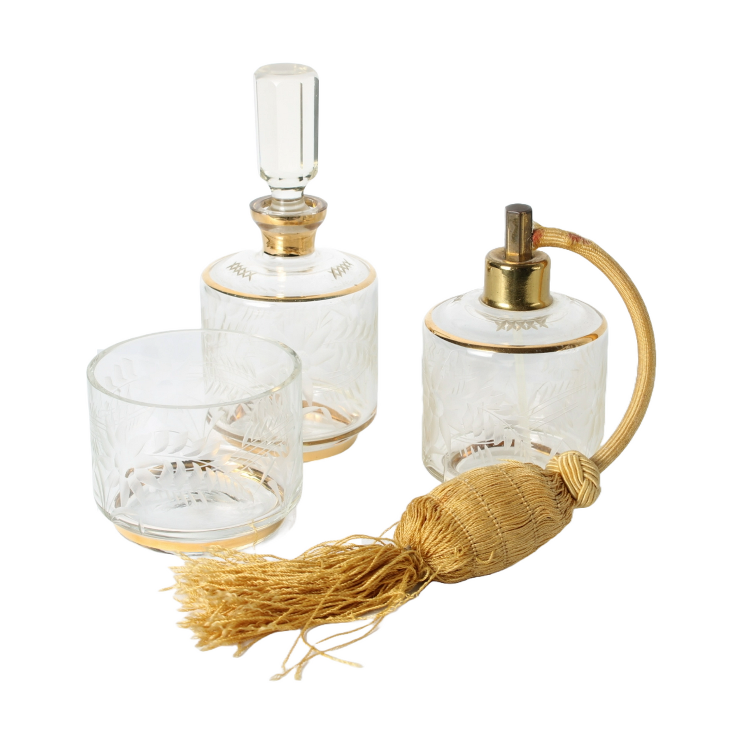 Antique Art Deco Perfume Set | Etched Glass with Gilding | Luxury Vanity